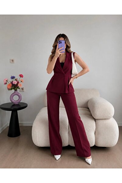 Ekim Store Burgundi set od prsluka, pantalona sa plisiranim strukom i blejzera