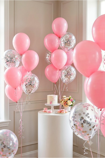 FESTİVALOON 20’li Pembe Gümüş Konfetili Şeffaf Balon Seti 11 İnç Doğum Günü B...