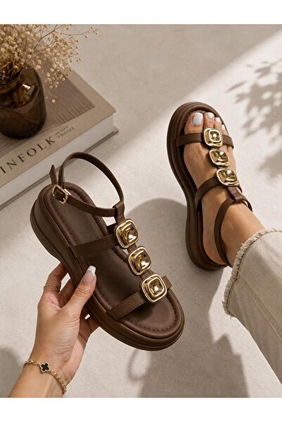 DX AYAKKABI Dx Women's Brown 3-Strap Sandals