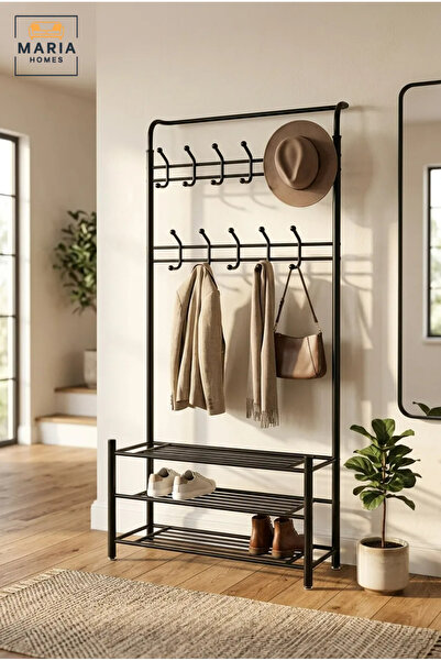 MARIA HOMES Freestanding Clothes Rack with Multiple Hanging Hooks and Three S...