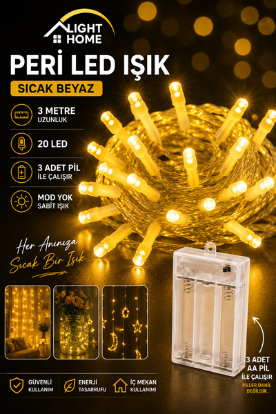 Kablolu LED Işık Zinciri Gün Işığı Dekoratif Süs Aydınlatma Bahçe Balkon Oda Parti Düğün – 3 Metre 20 LED