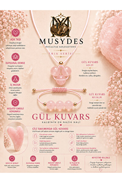 Musydes Gül Kuvars Doğal Taş Bileklik-Kolye Set Aşk Taşı 8mm Hakiki Doğaltaş ...