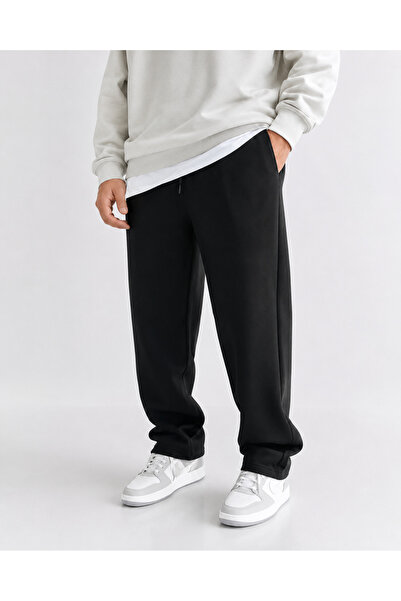 JESIAN Unisex Siyah Baggy 3 İplik Bol Kesim Düz Paça Mevsimlik Eşofman Altı