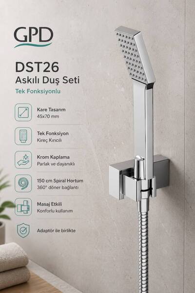 GPD DST26 Askılı Duş Seti Tek Fonksiyonlu Kare 45x70 Krom Duş Seti