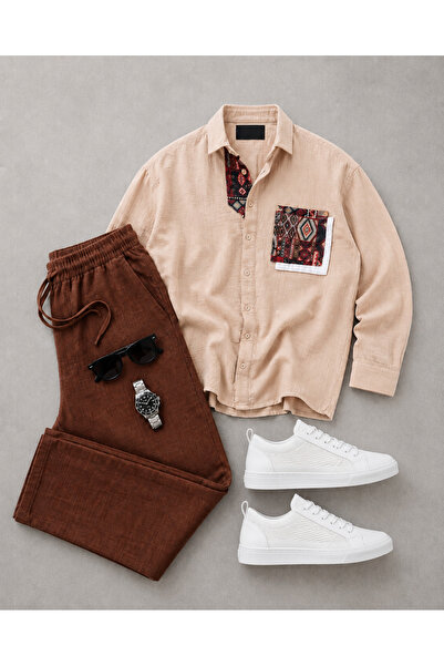 tiggir moda Oversize Embroidered Linen Shirt and Pants 2-Piece Set