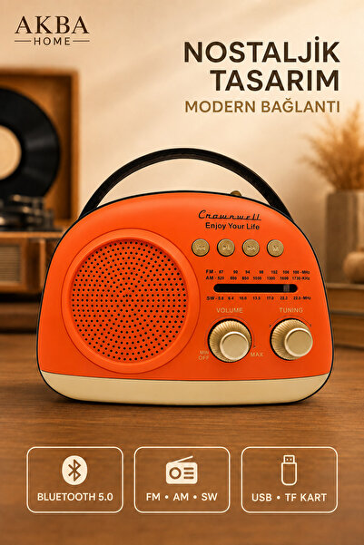 crownwell Nostaljik Retro Bluetooth 5.0 Radyo Taşınabilir Şarjlı Hoparlör FM ...