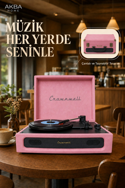 crownwell Çantalı Bluetooth Pikap Nostaljik Retro Plak Çalar 33/45/78 Devir T...