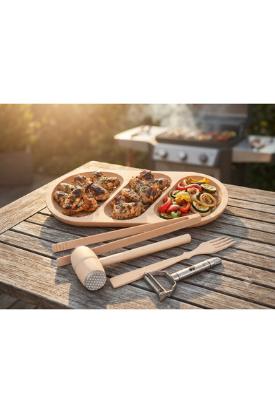 LimArt Set BBQ din Lemn Artizane, Tava Compartimentata 50x27 cm si 4 Ustensil...