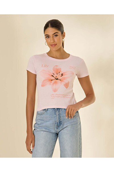 REDTAG Women Pink Printed Rib T-Shirt