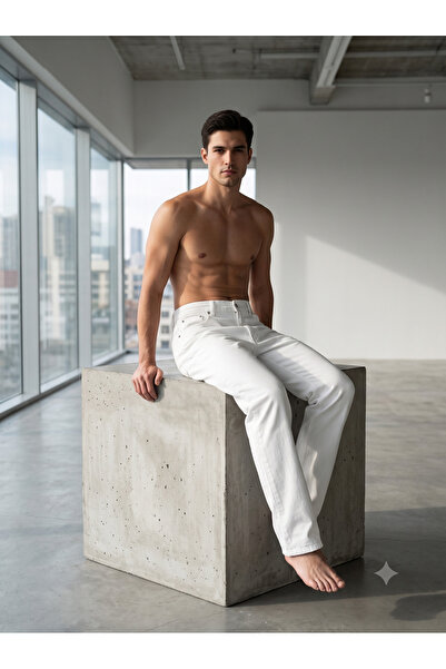 Generic Men's Straight Fit Optic White Utility Jeans