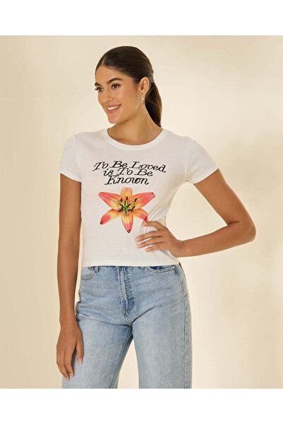 REDTAG Women White Printed Rib T-Shirt
