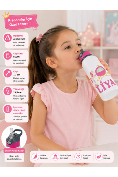 Kişiye Özel Unicorn Arabalı İsim Baskılı Çocuk Suluk 650 ml - Alüminyum Pipetli Su Matarası - BPA İçermez - Okul Spor Günlük Kullanım