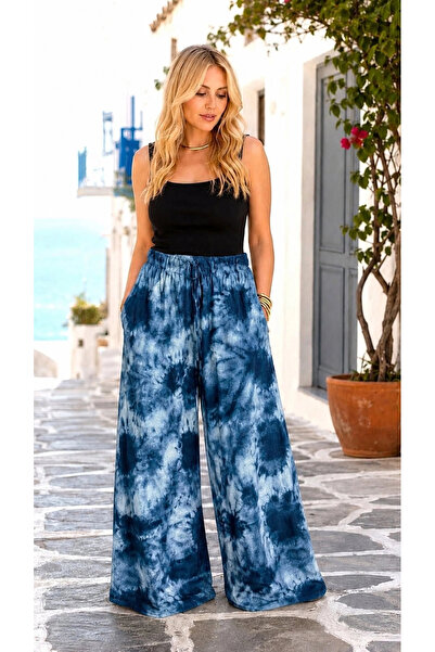 AZRA BUTİK Batik Patterned Viscose Trousers with Elastic Waist and Drawstring...
