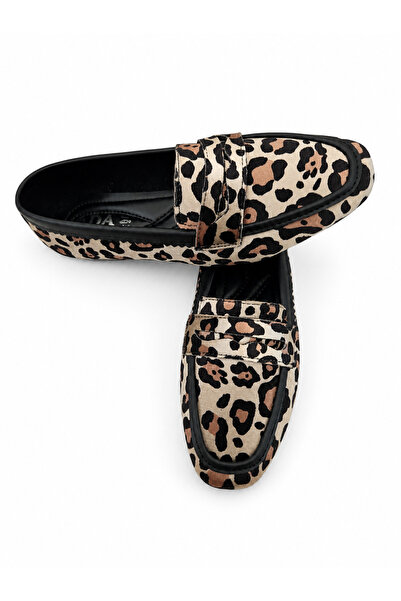 Lady Sunna Dark Leopard Leopar Desenli Düz Taban Üst Bant Detaylı Kadın Loafer Ayakkabı