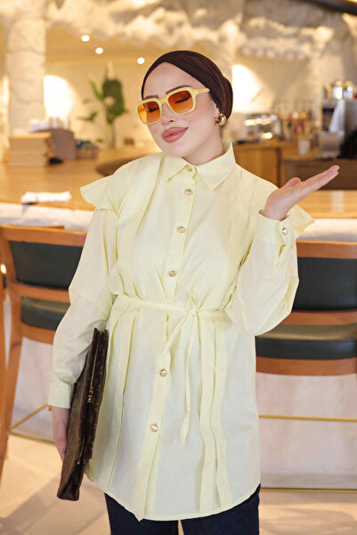 İmajButik Sarı Omuz Fırfırlı Bel Bağlamalı Gömlek