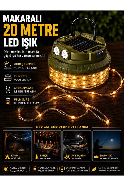 HARWELL 20 Metre Makaralı Led Işıklı Güneş Enerjili Kamp Feneri