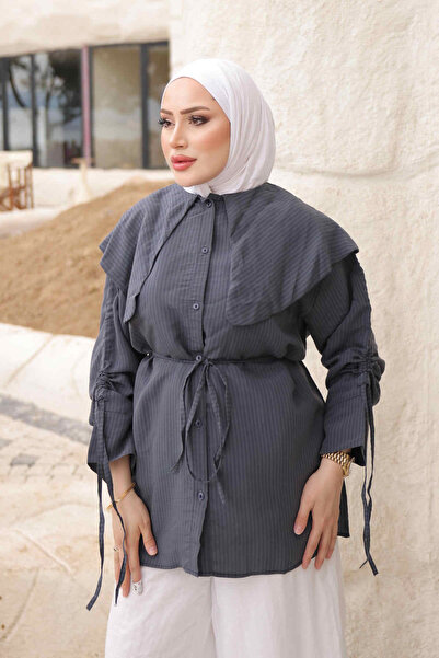 İmajButik Anthracite Tissue Collar Striped Shirt