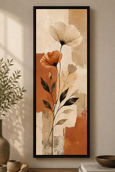 FourArts Minimalist Botanik Çiçek Tablosu 25x60 cm Siyah Çerçeveli Modern Duv...