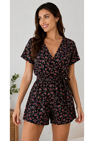 LCN Women's short jumpsuit with Printed , V-neck, Elastic Waist and adjustabl...