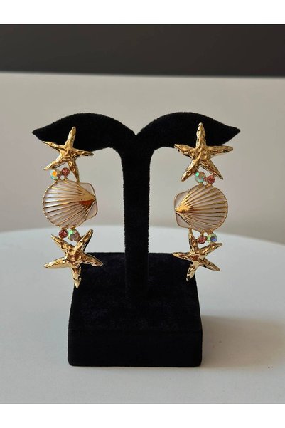 ROYAL SPARK Deniz Yıldızı ve Renk Deniz Kabuğu Detaylı Sallantılı Gold Renk K...
