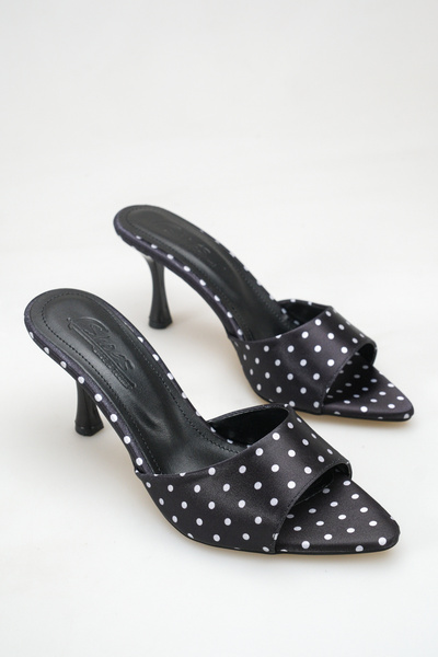 ELEVAM Black Polka Dot Women's Heeled Slippers 9 cm Satin Thin Heel Stylish E...