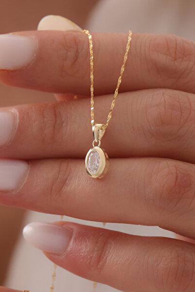 Cemre Gold 14 Ayar Minimal Oval tek Taş Kolye