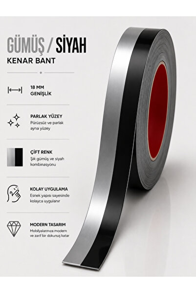 dekorfuga 18 MM (5 MT ) Gümüş/Siyah Kendinden Yapışkanlı Mobilya Kenar Şerit