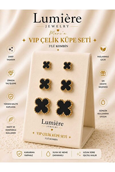 LUMİERE JEWELRY GOLD YONCA ÇELİK 3'KÜPE SETİ