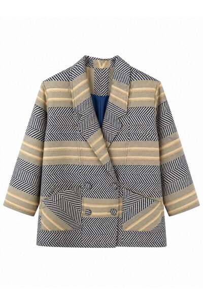Retrobird 90S Retro Model Oversize Design Plaid Jacket Women's Navy Blue-Cream