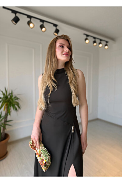 Store Slit Brown Asymmetrical Sleeveless Dress with Gold Accessory Detail