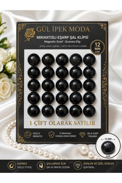 Gül İpek Moda Mıknatıslı Şal Tutucu Ve Eşarp Klipsi Siyah Parlak 12 mm Güçlü ...