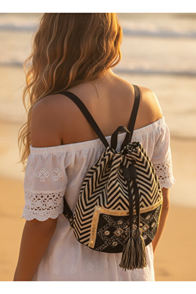 MILANO COLLECTION Rucsac boho negru și bej, cu model chevron, brodat manual, ...
