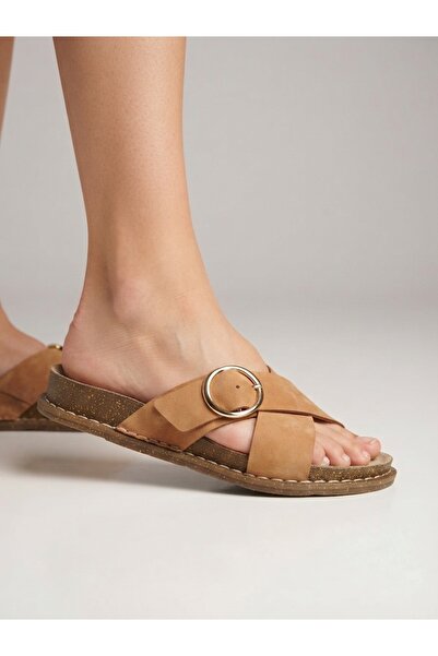 Rüya Shoes Daily Gold Buckle Genuine Leather Women's Slippers