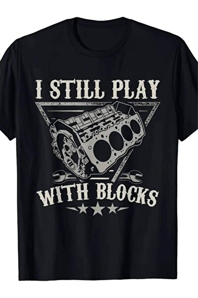 KYMC07 تي شيرت أسود بتصميم كلاسيكي بطباعة "I STILL PLAY WITH BLOCKS"، بأسلوب ...