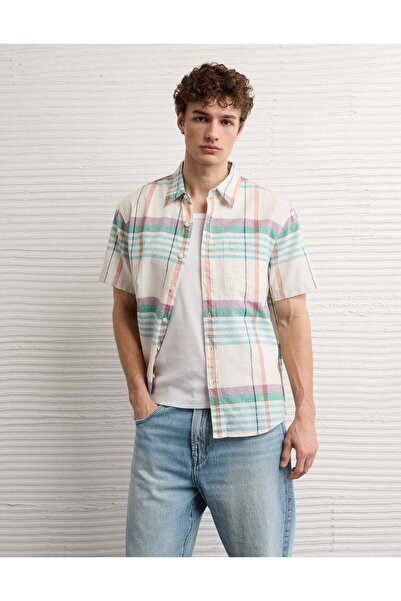 AMERICAN EAGLE AE Standard Fit Linen-Blend Button-Up Shirt
