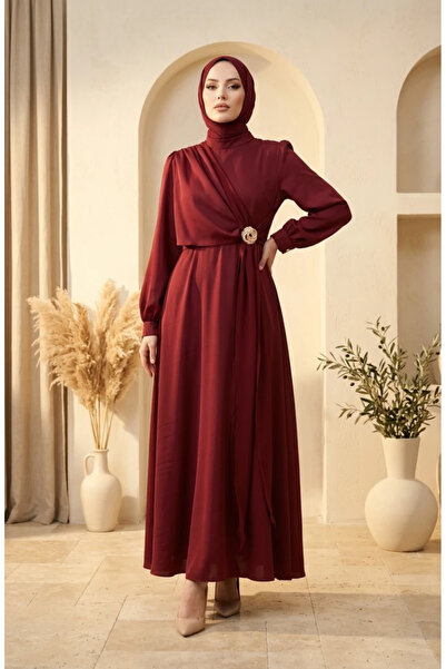 sefamerve Satin Fabric Hijab Evening Dress with Brooch on the Waist 5811-06 C...