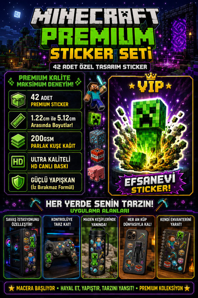 NEORA Minecraft 42 Adet Sticker Seti | Dekoratif Çıkartma Paketi