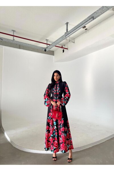 Atlas Fabric Floral Sleeves Elastic Detailed Dress (Belt Included) - Black-4250