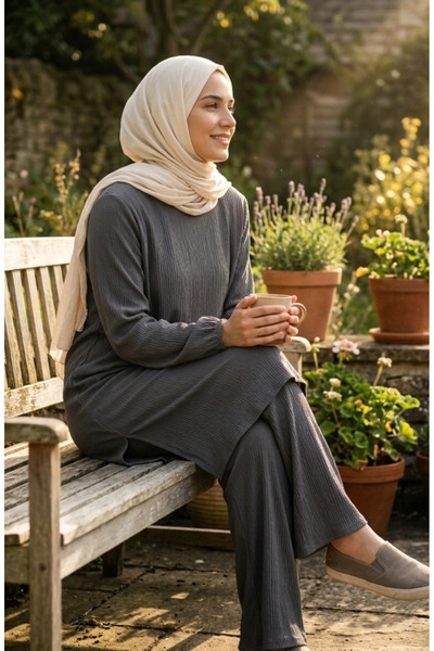sefamerve Bürümcük Fabric Tunic Pants Hijab Double Set 0571-02 Gray