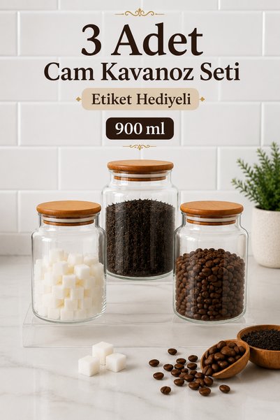 Zivora Home 3-Piece 900 ml Glass Storage Jar with Wooden Lid – Coffee, Sugar,...