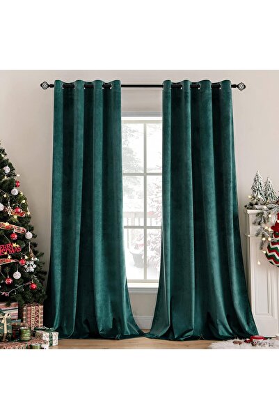 MIULEE Set de 2 perdele de catifea cu inele, 140 x 290 cm, opace, verde închis