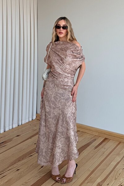 Laluvia Beige One-Shoulder Asymmetrical Floral Dress - 205385
