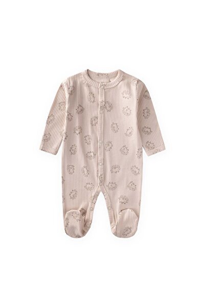 Cigit Patterned Jumpsuit with Footed Gloves 0-9 Months Beige Hedgehog Pattern