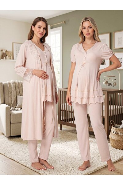 Lohusa Homewear New Season Beige Summer Stylish Lace Detailed Design Short Sl...