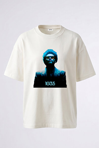 Anetos تي شيرت أبيض كبير الحجم مطبوع بتصميم The Weeknd_3