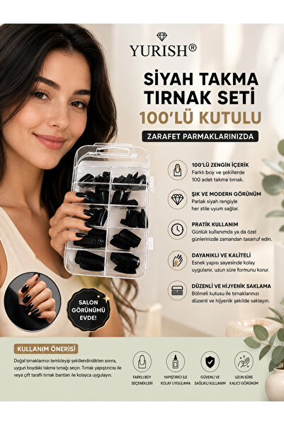 YURISH Siyah Takma Tırnak Seti 100'lü Kutulu