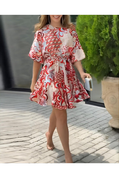 civetta فستان نسائي قصير بأكمام بالون وياقة دائرية وتصميم مطوي