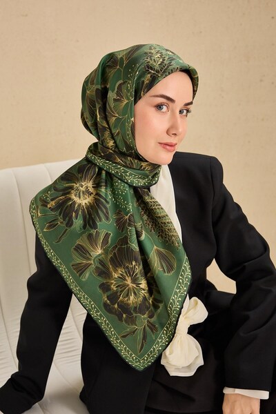 Silk Home وشاح حرير تويل كبير بنقشة زهور زمردية 90x90