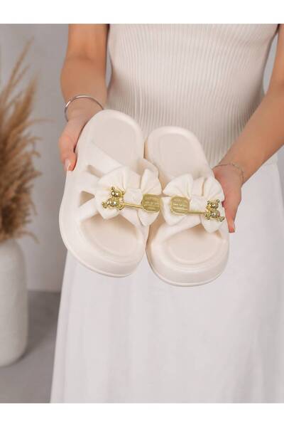 PLN SHOES Women's Cream Bow Cross Luxury Daily Beach Sea Pool Slippers