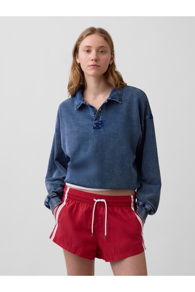 GAP Kadın Mavi Fransız Havlu Kumaş Oversized Polo Sweatshirt